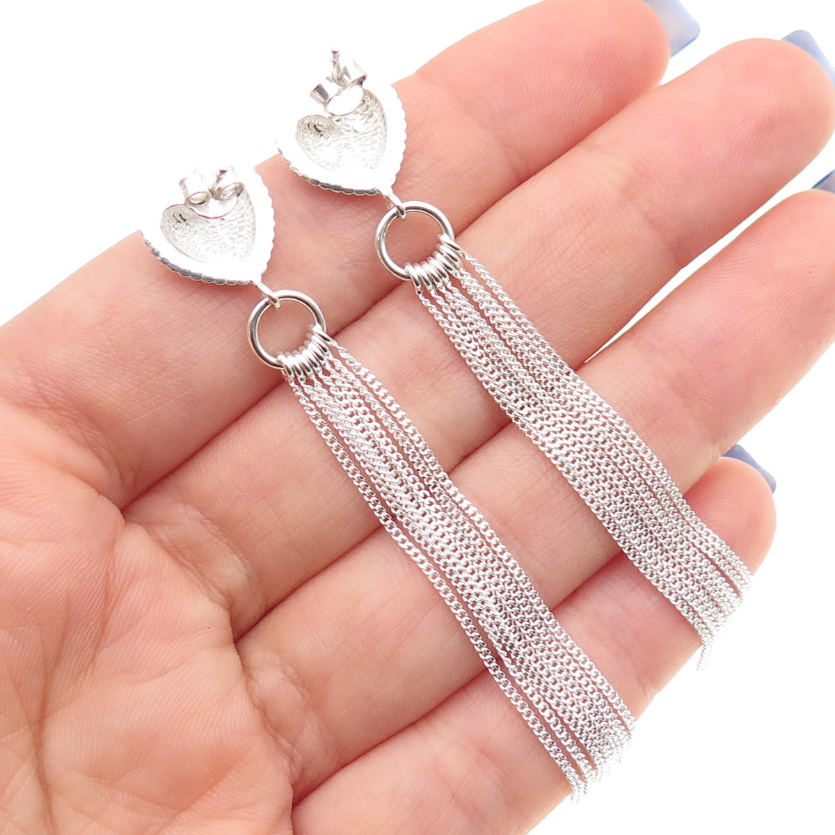 925 Sterling Silver Heart Tassel Dangle Earrings