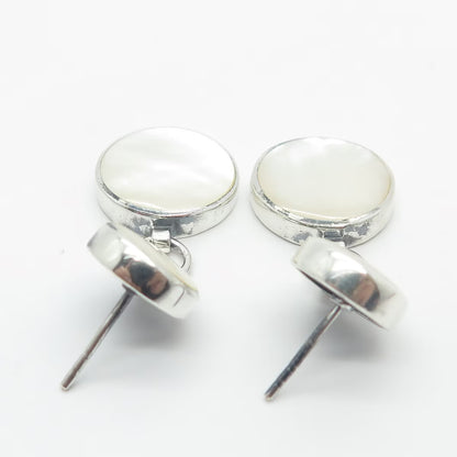 925 Sterling Silver Vintage Real Mother-Of-Pearl Round Dangling Earrings