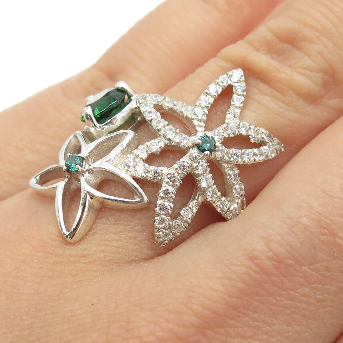 925 Sterling Silver Chrome Diopside & C Z Floral Ring Size 6