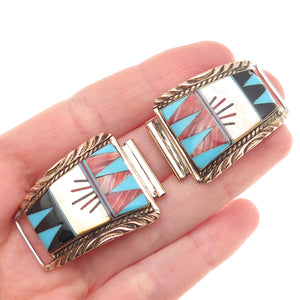 Carol Wylie Navajo Old Pawn Sterling 2-Tone Turquoise Coral Onyx MOP Watch Band