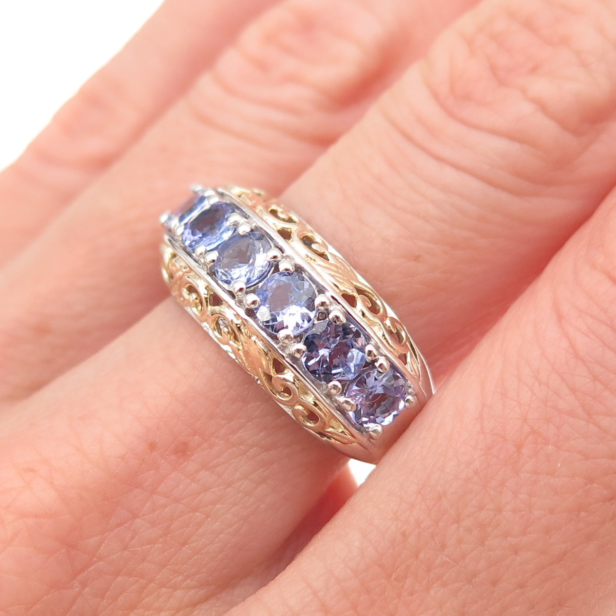 Chuck Clemency Sterling Silver 2-Tone Real Round-Cut Tanzanite Ring Size 8.25