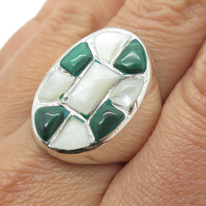 925 Sterling Silver Vintage Real Mother-of-Pearl & Malachite Gem Ring Size 10