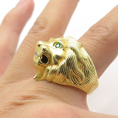 925 Sterling Silver Gold Plated White & Green C Z Lion Domed Ring Size 9.25