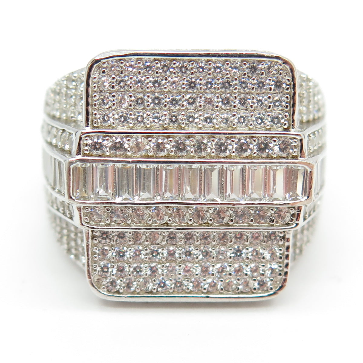 925 Sterling Silver Round & Baguette-Cut C Z Statement Ring Size 12
