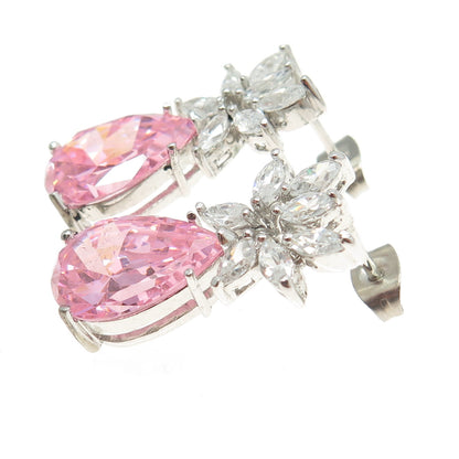 925 Sterling Silver Pear-Cut Pink & Marquise White C Z Floral Earrings