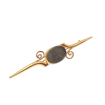 925 Sterling Silver Gold Plated Vintage Real Gray Agate Arabic Script Pin Brooch