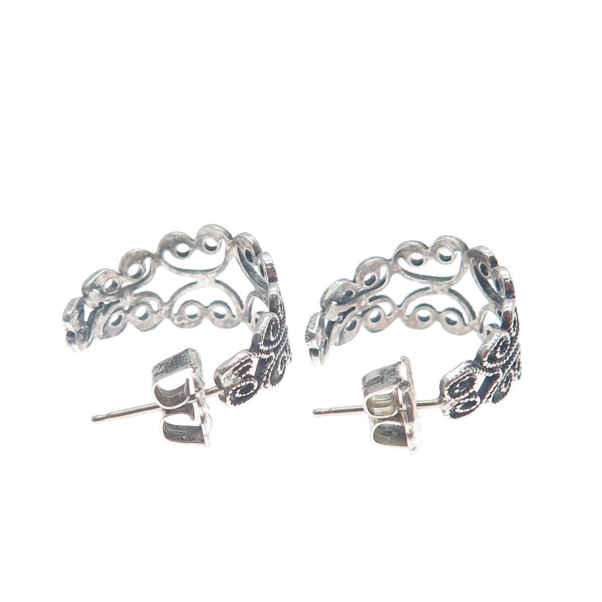 925 Sterling Silver Vintage Heart Ornate Oxidized Hoop Earrings
