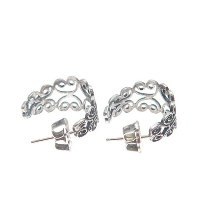 925 Sterling Silver Vintage Heart Ornate Oxidized Hoop Earrings