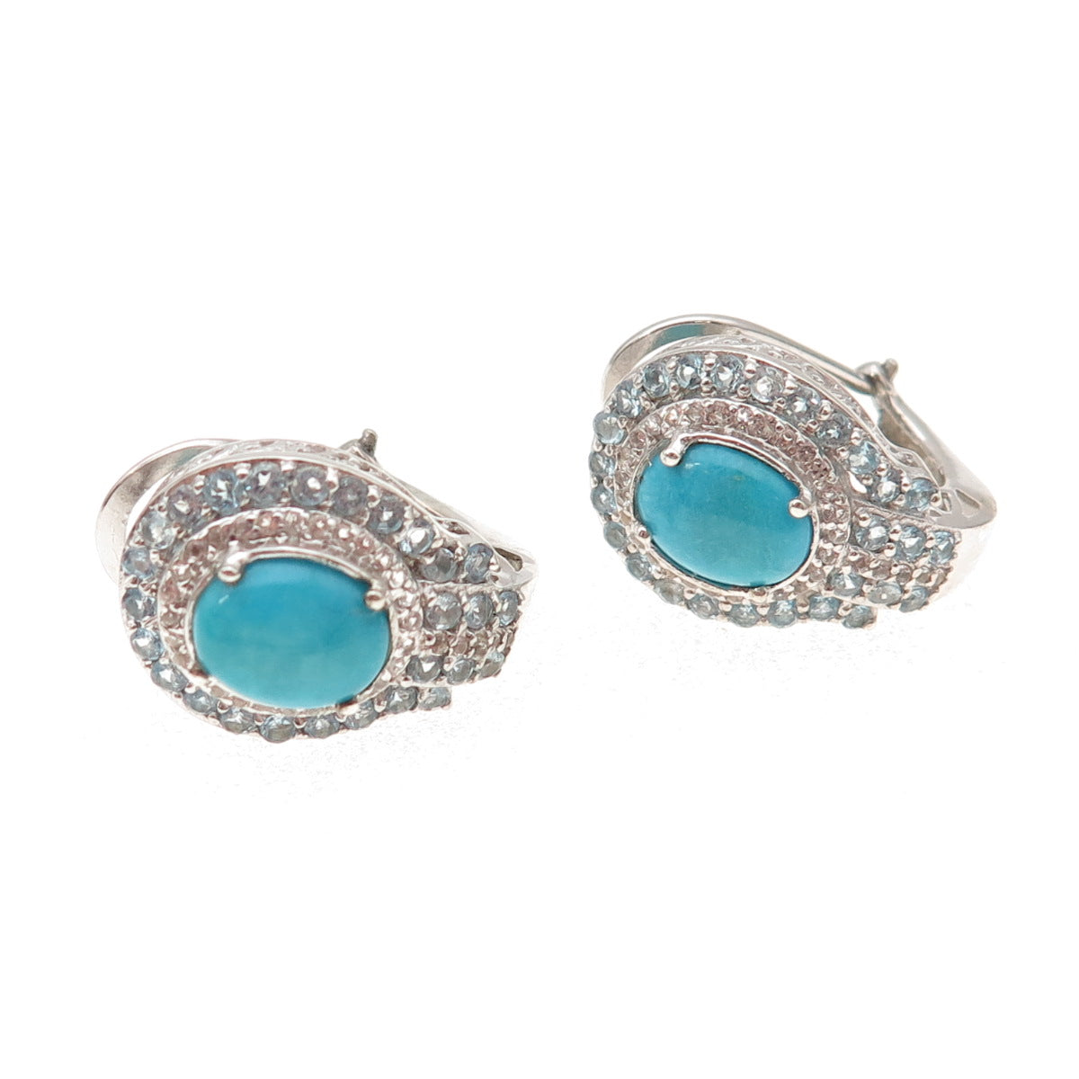 Chuck Clemency 925 Sterling Real Turquoise Blue White Topaz Omega Back Earrings