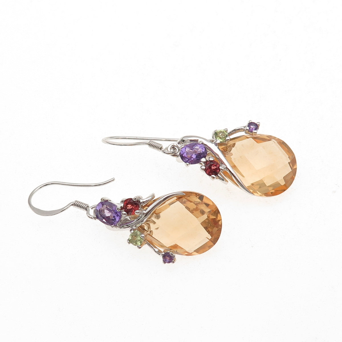 925 Sterling Silver Real Citrine Amethyst Peridot & Red Garnet Dangle Earrings