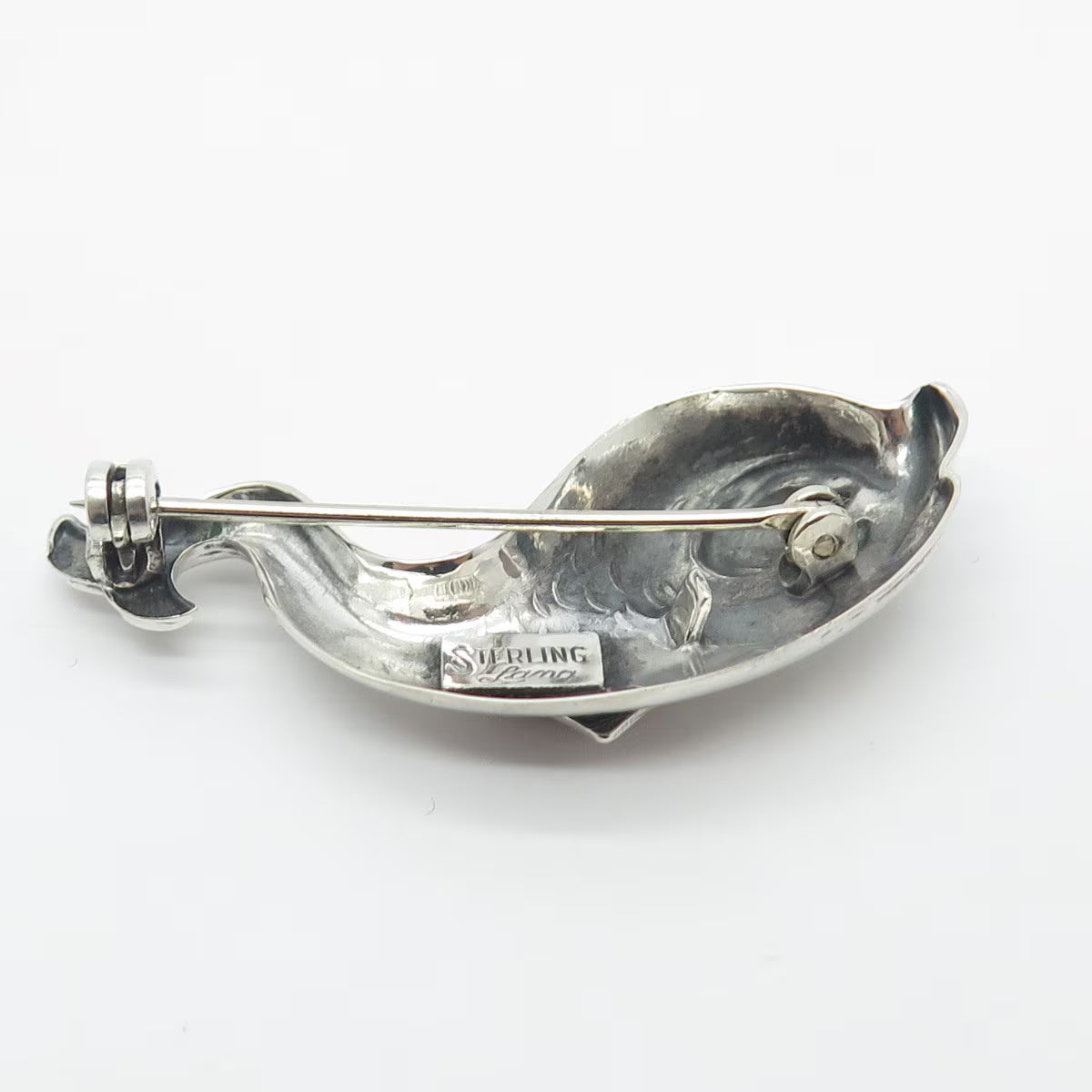 925 Sterling Silver Vintage Lang Fish Ornate Pin Brooch