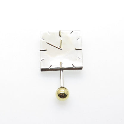 LATON 925 Sterling Silver 2-Tone Vintage Mexico Clock Pin Brooch