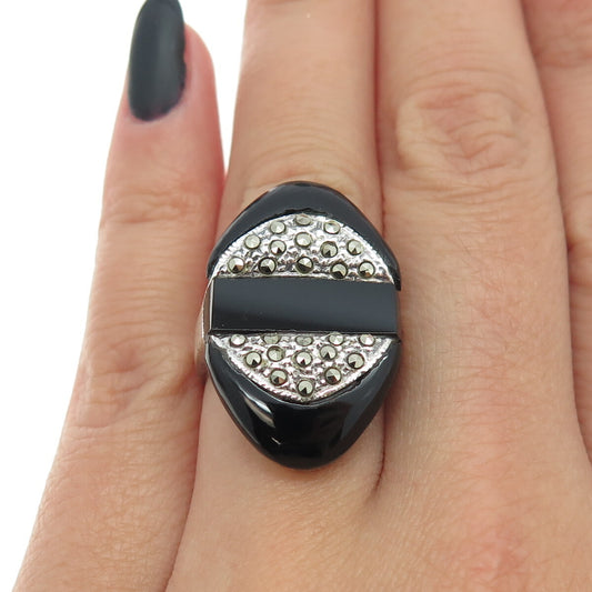925 Sterling Silver Vintage Real Black Onyx & Marcasite Gemstone Ring Size 5.5