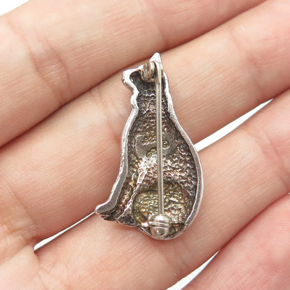 JEZLINE 925 Sterling Silver Vintage Pink Rhinestone Sitting Cat Pin Brooch