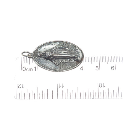 925 Sterling Silver Antique Art Deco St. Mary Religious Medal Oxidized Pendant