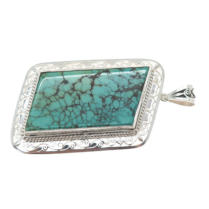 925 Sterling Silver Vintage Real Peacock Turquoise Heavy 59.0g Large Pendant