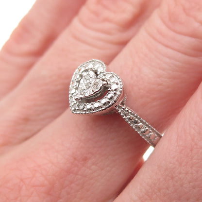 925 Sterling Silver Real Round-Cut Diamond Heart Ring Size 7