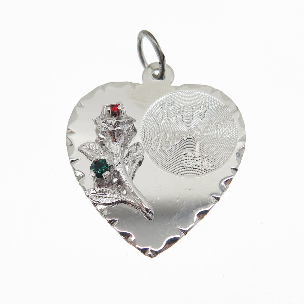 TOWN & COUNTRY Sterling Silver Vintage Rhinestone Happy Birthday Heart Pendant