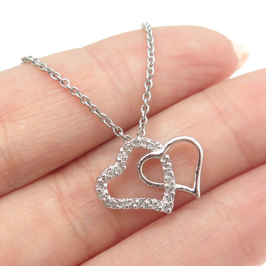 925 Sterling Silver Italy Round-Cut C Z Double Heart Cable Chain Necklace 16"