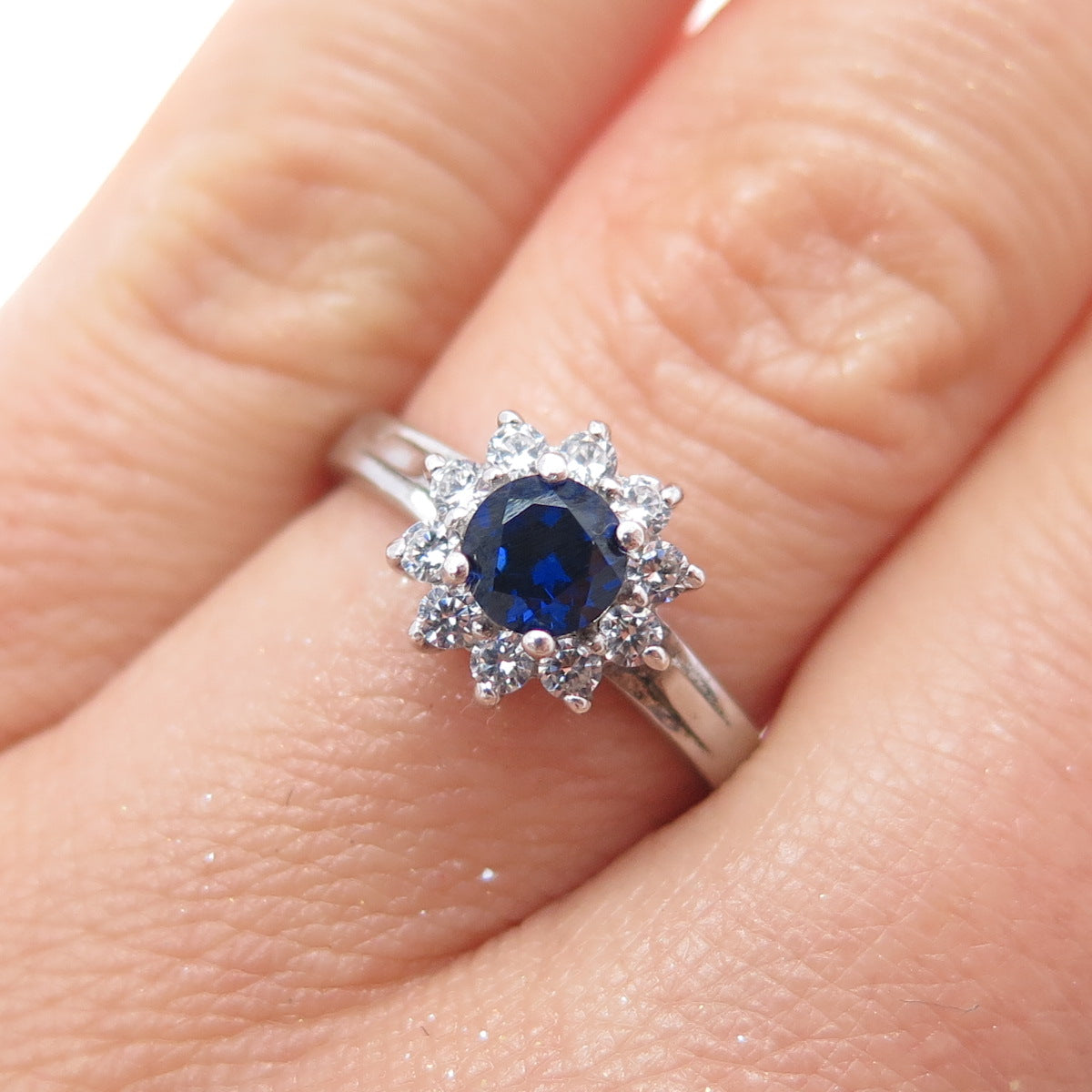 925 Sterling Silver Vintage Lab-Created Sapphire & C Z Ring Size 7