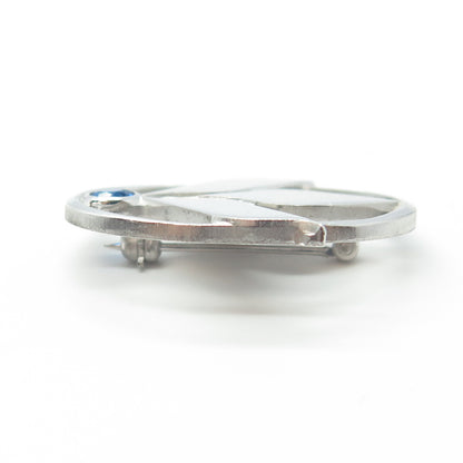 925 Sterling Silver CTO Vintage Blue C Z Floral Oval Pin Brooch