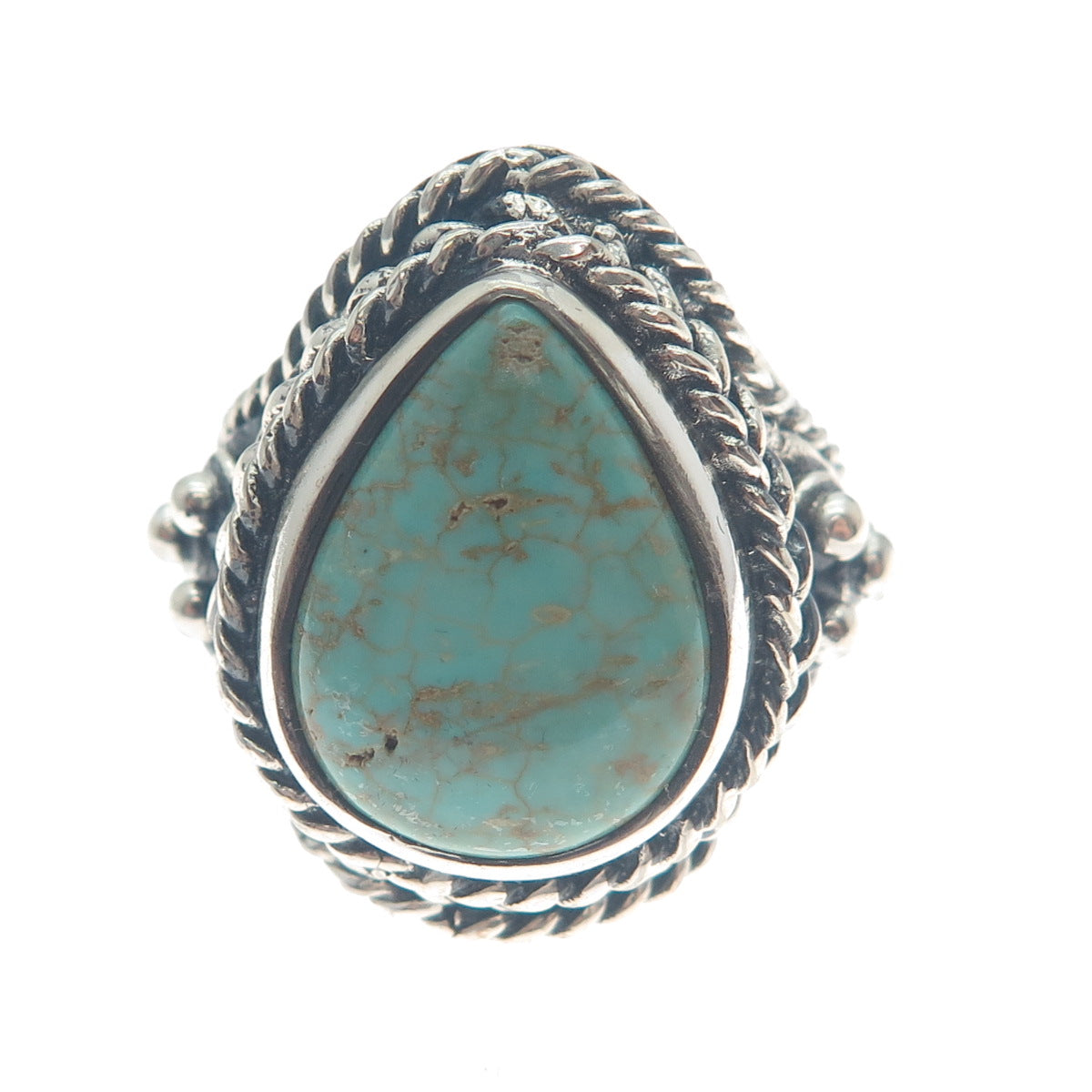 925 Sterling Silver Vintage Real Pear-Cut Turquoise Oxidized Ring Size 9.25