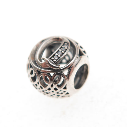 Pandora 925 Sterling Silver C Z Letter Q Initial Slide Bead Charm