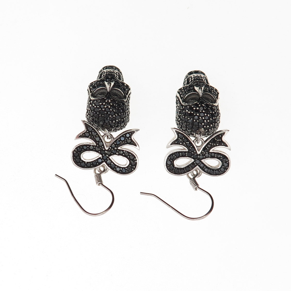 925 Sterling Silver Real Round-Cut Black Spinel Skull & Bow Dangle Earrings