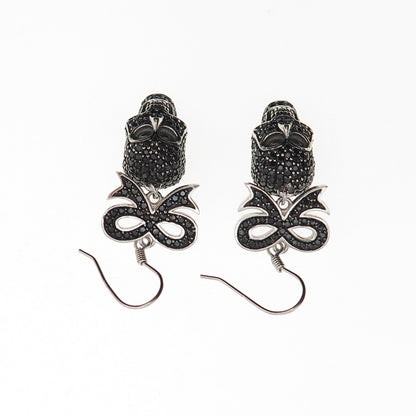 925 Sterling Silver Real Round-Cut Black Spinel Skull & Bow Dangle Earrings