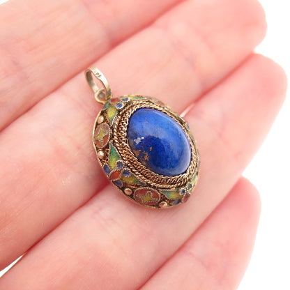 925 Sterling Silver Gold Plated Vintage Enamel Real Lapis Floral Charm Pendant