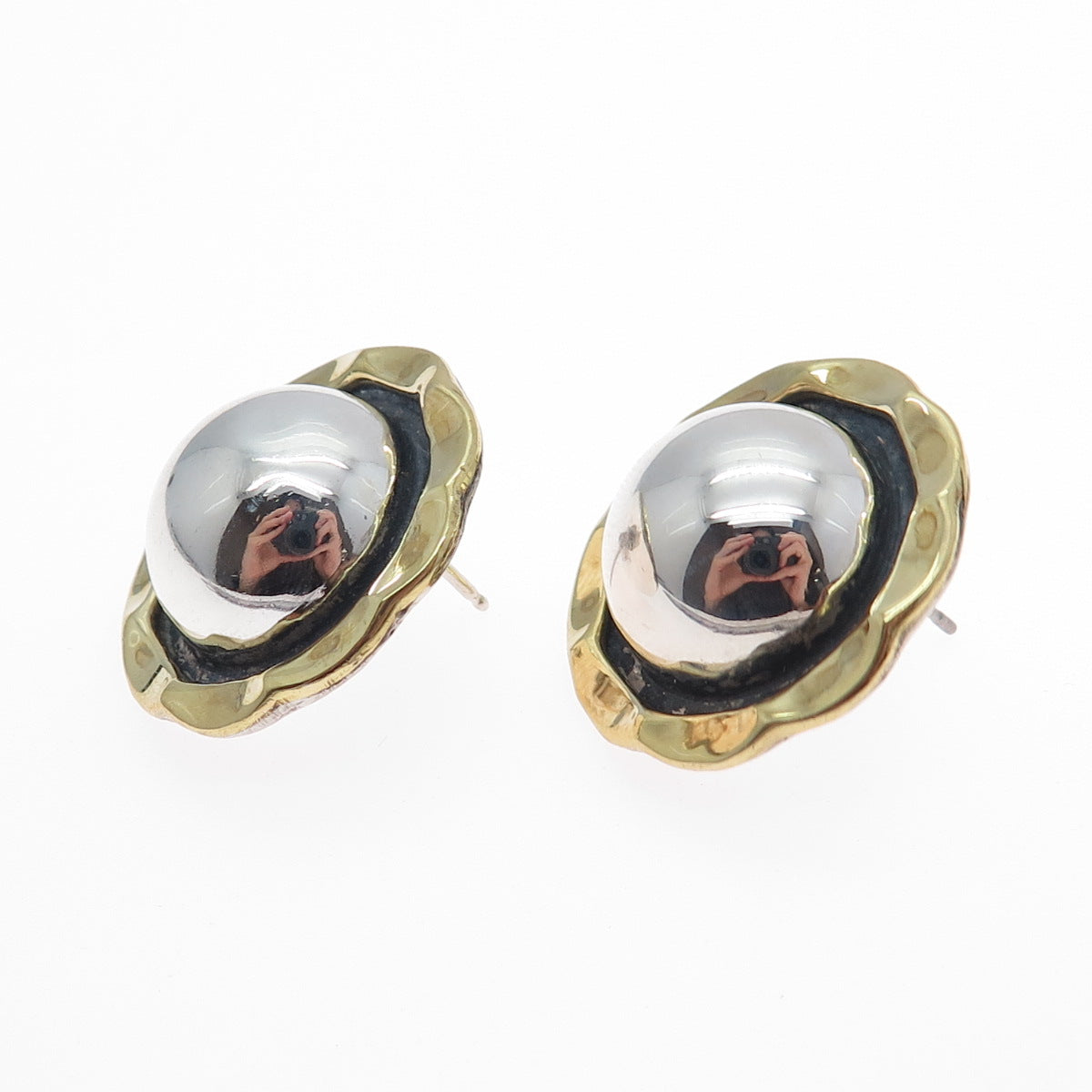 LATON Sterling Silver 2-Tone Vintage Mexico Modernist Flower Oxidized Earrings