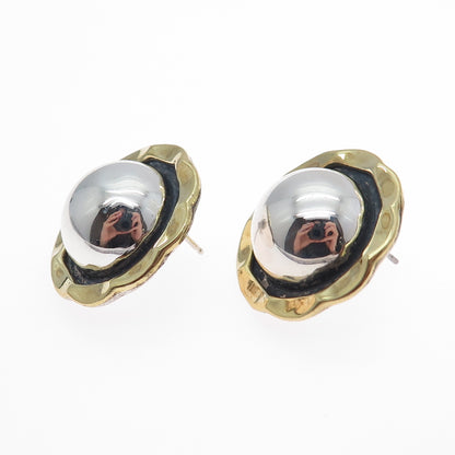 LATON Sterling Silver 2-Tone Vintage Mexico Modernist Flower Oxidized Earrings