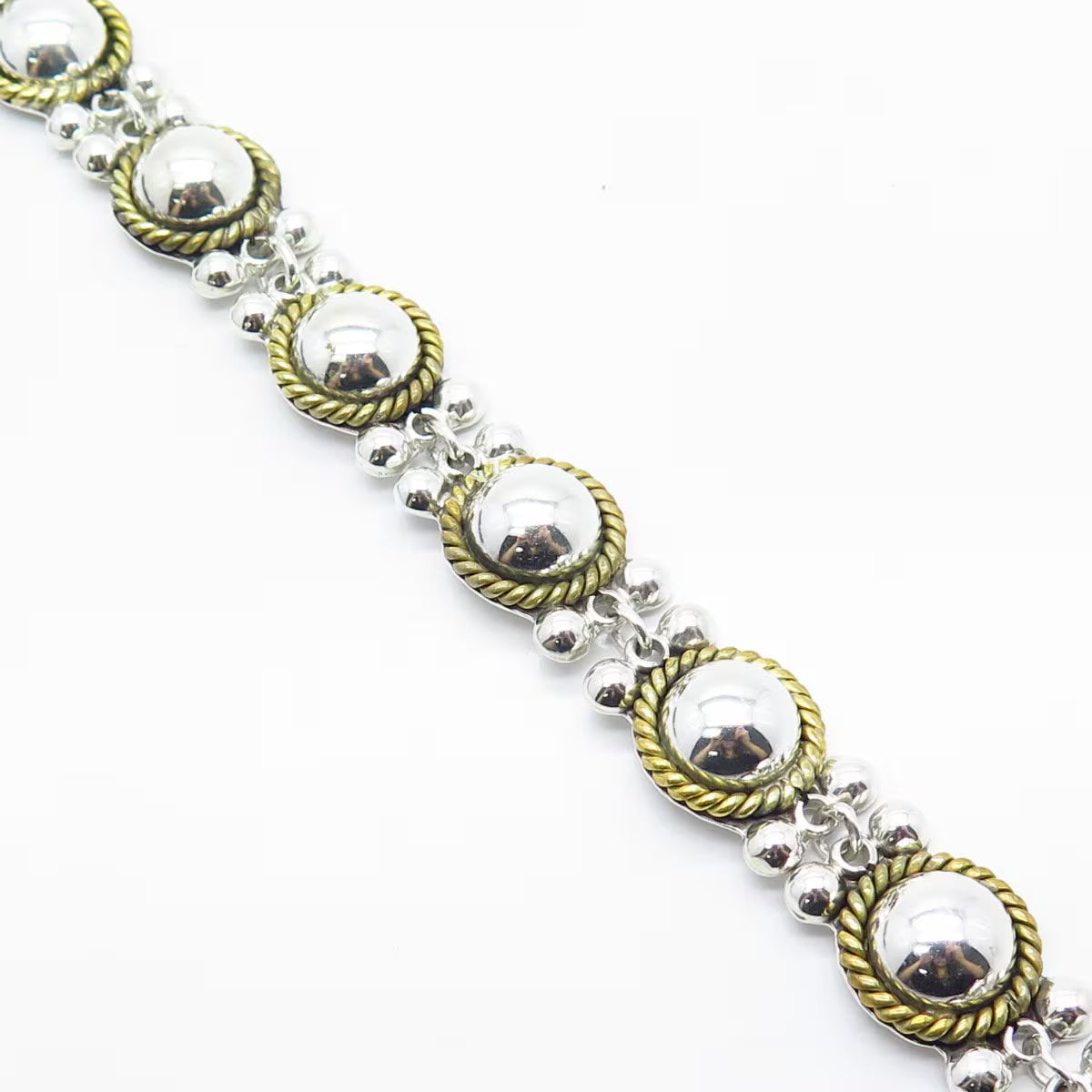 925 Sterling Silver 2-Tone Vintage Mexico Ball Link Bracelet 7.5"