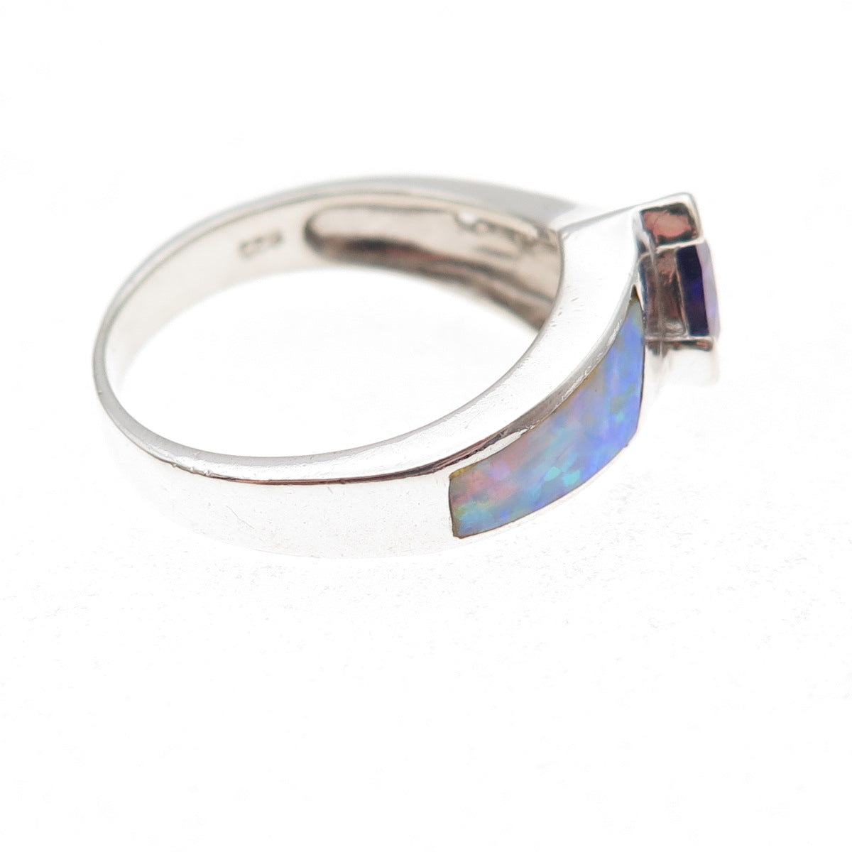 925 Sterling Silver Real Amethyst Opal & C Z Ring Size 8