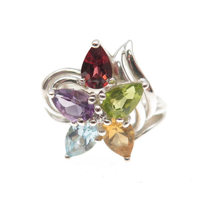 925 Sterling Vintage Real Topaz Citrine Amethyst Garnet & Peridot Ring Size 5