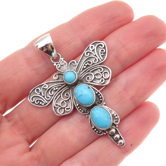925 Sterling Silver Vintage Real Turquoise Dragonfly Oxidized Charm Pendant