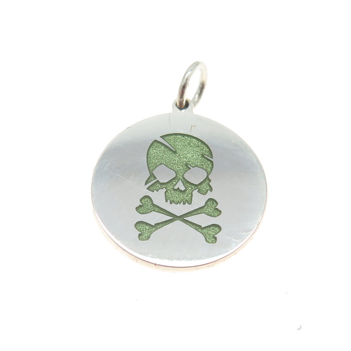 925 Sterling Silver Green Enamel Skull & Bones Charm Pendant