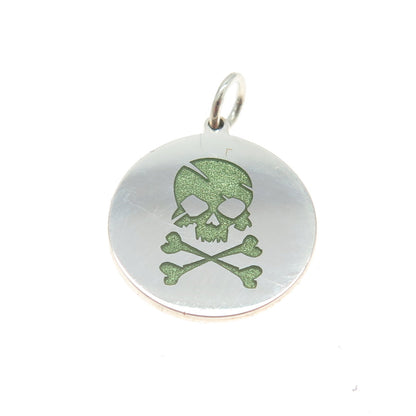 925 Sterling Silver Green Enamel Skull & Bones Charm Pendant