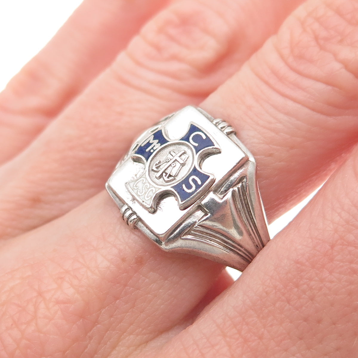 SK&F 925 Sterling Silver Antique Art Deco Enamel Catholic School Ring Size 10
