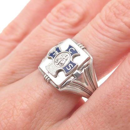 SK&F 925 Sterling Silver Antique Art Deco Enamel Catholic School Ring Size 10