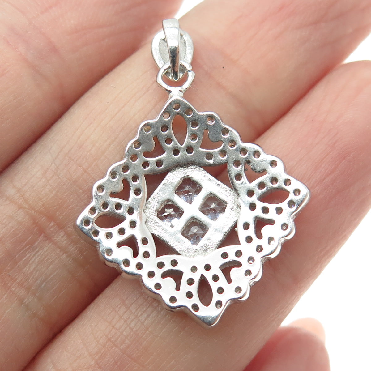 925 Sterling Silver Round & Princess-Cut C Z Ornate Pendant