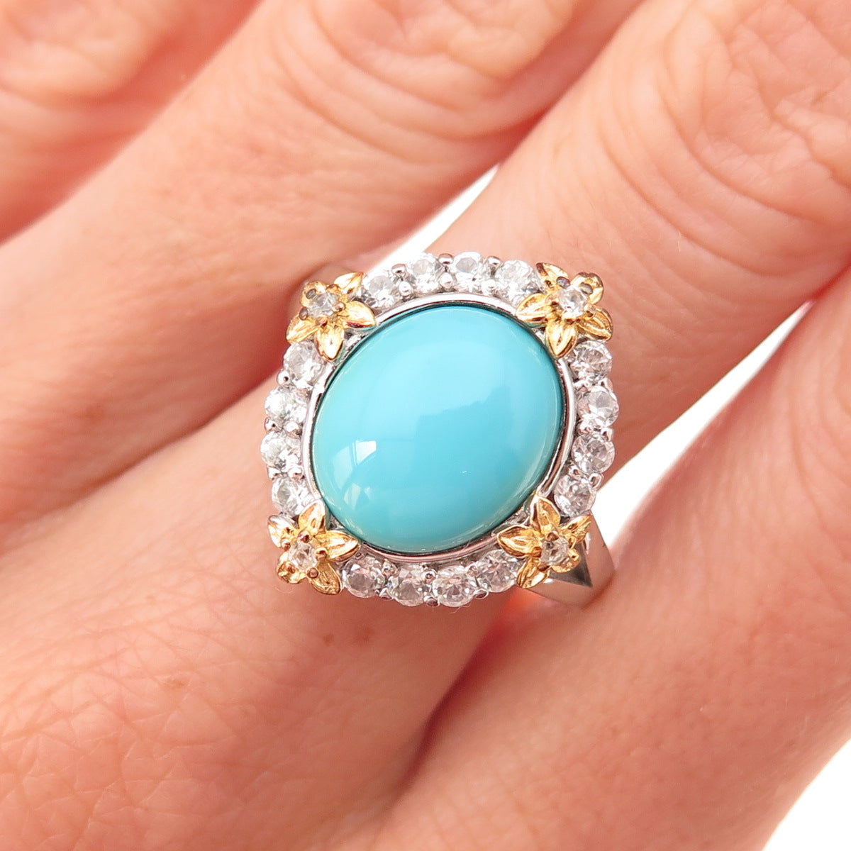 925 Sterling Silver 2-Tone Real Sleeping Beauty Turquoise & Topaz Ring Size 8