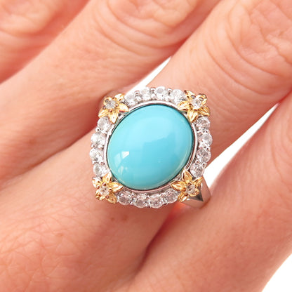 925 Sterling Silver 2-Tone Real Sleeping Beauty Turquoise & Topaz Ring Size 8