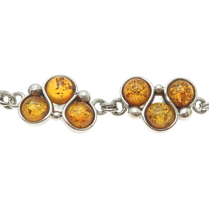 925 Sterling Silver Vintage Real Amber Modernist Link Bracelet 7.5"