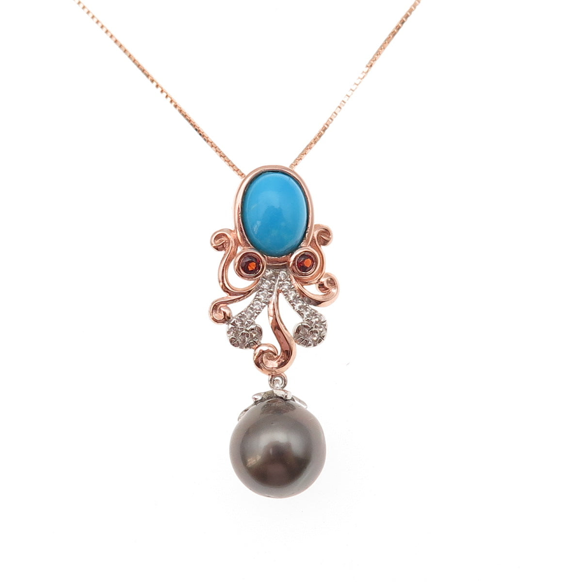 925 Sterling Gold Plated Turquoise Topaz Garnet & Pearl Box Chain Necklace 18"