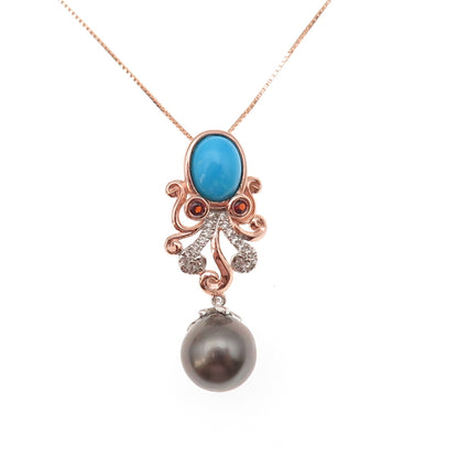 925 Sterling Gold Plated Turquoise Topaz Garnet & Pearl Box Chain Necklace 18"