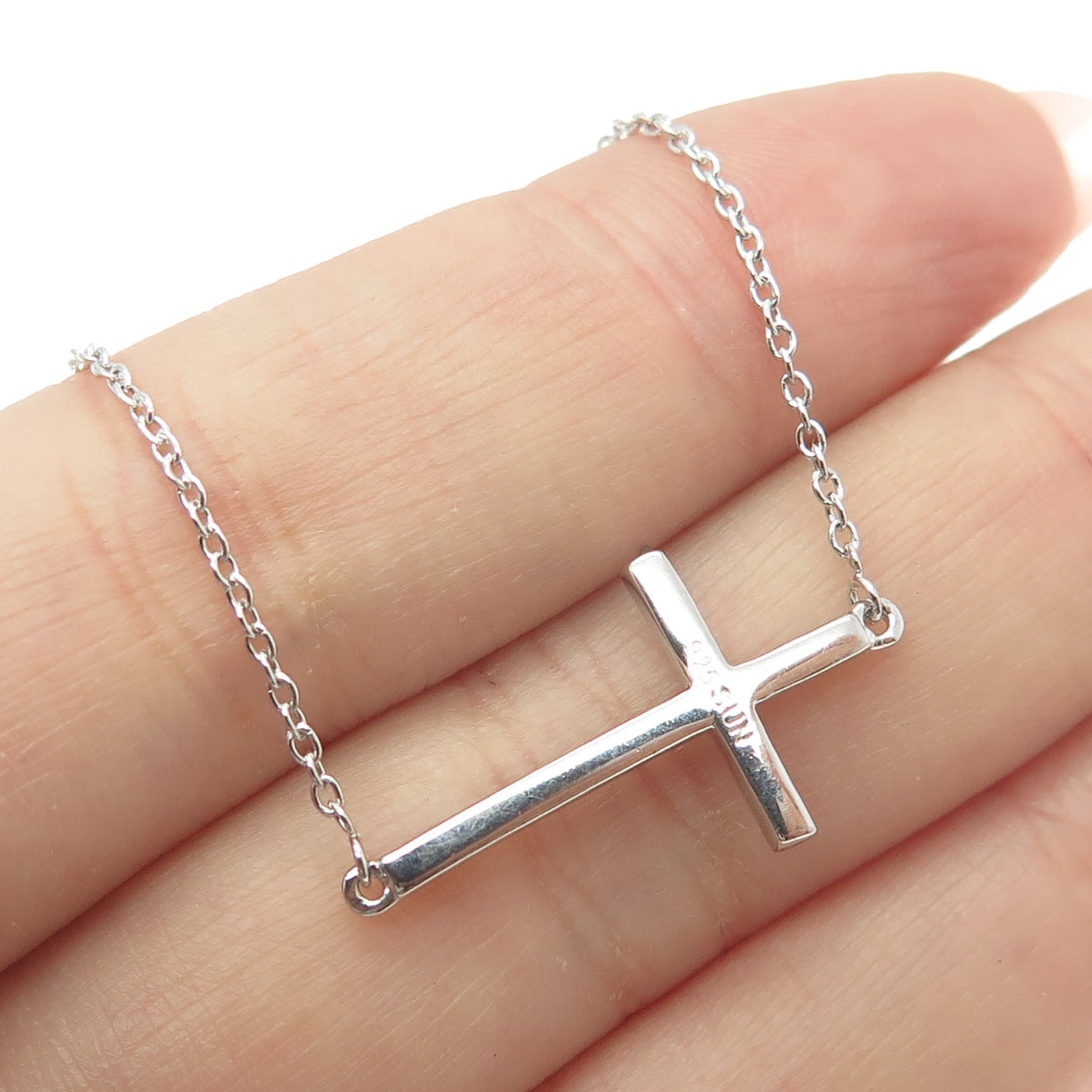 SUN 925 Sterling Silver Real Round-Cut Black Diamond Cross Chain Necklace 16"