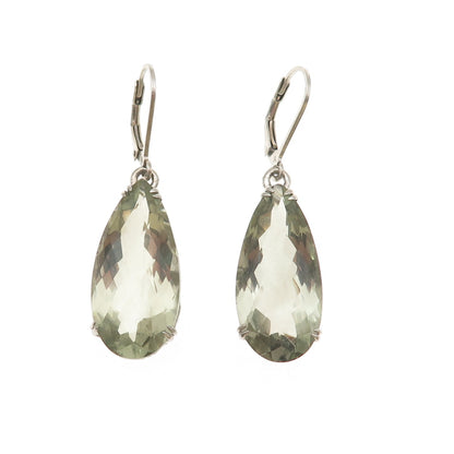 925 Sterling Silver Real Pear-Cut Green Amethyst Dangle Earrings