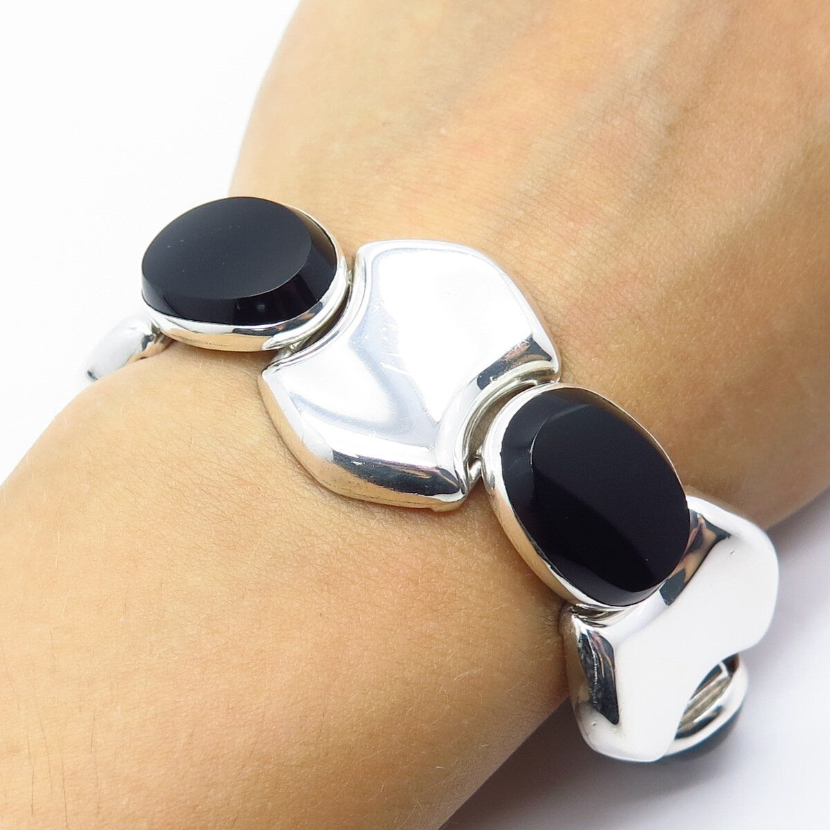 925 Sterling Silver Vintage Real Black Onyx Gemstone Modernist Bracelet 6.75"