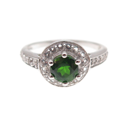 925 Sterling Silver Real Round-Cut Peridot & White Topaz Ring Size 8